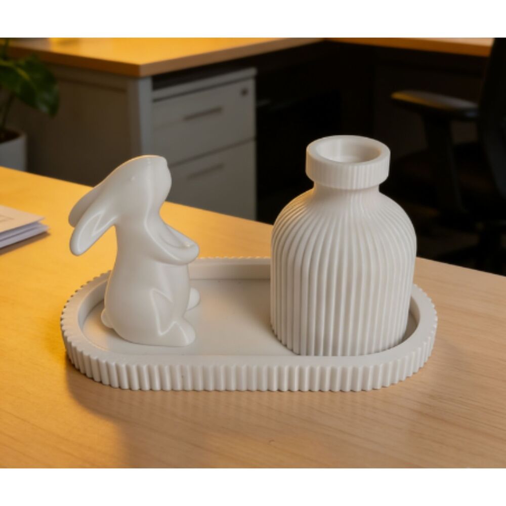 3D Printed Cute White Bunny & Ribbed Vase Set with Tray  Home/Office Decor